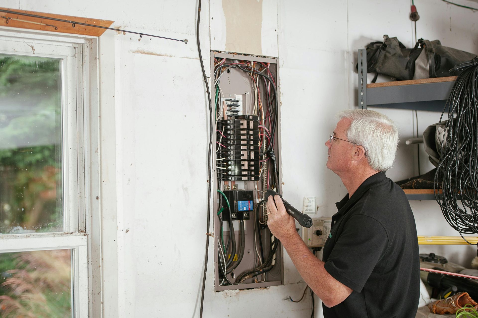 Electrical professional evaluating a residential service panel